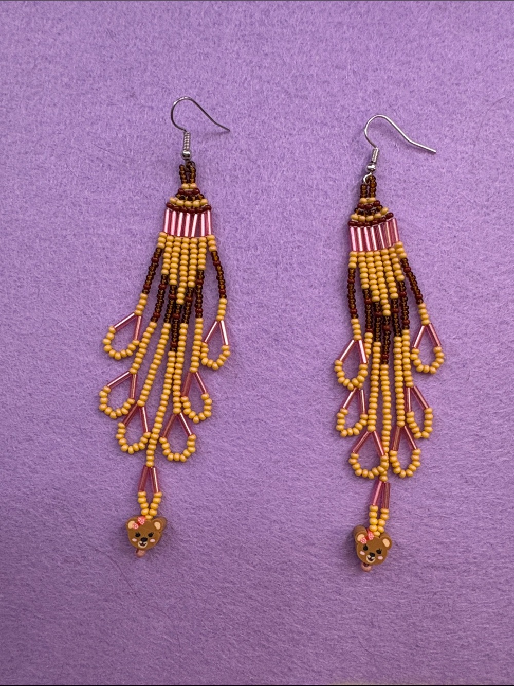Handmade Yellow Beaded Fringe Earrings with Bear Charm